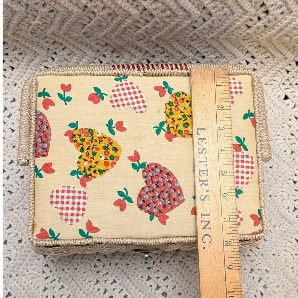 Vintage Wicker Sewing Basket Fun Retro Heart Print Padded Lid Craft Storage